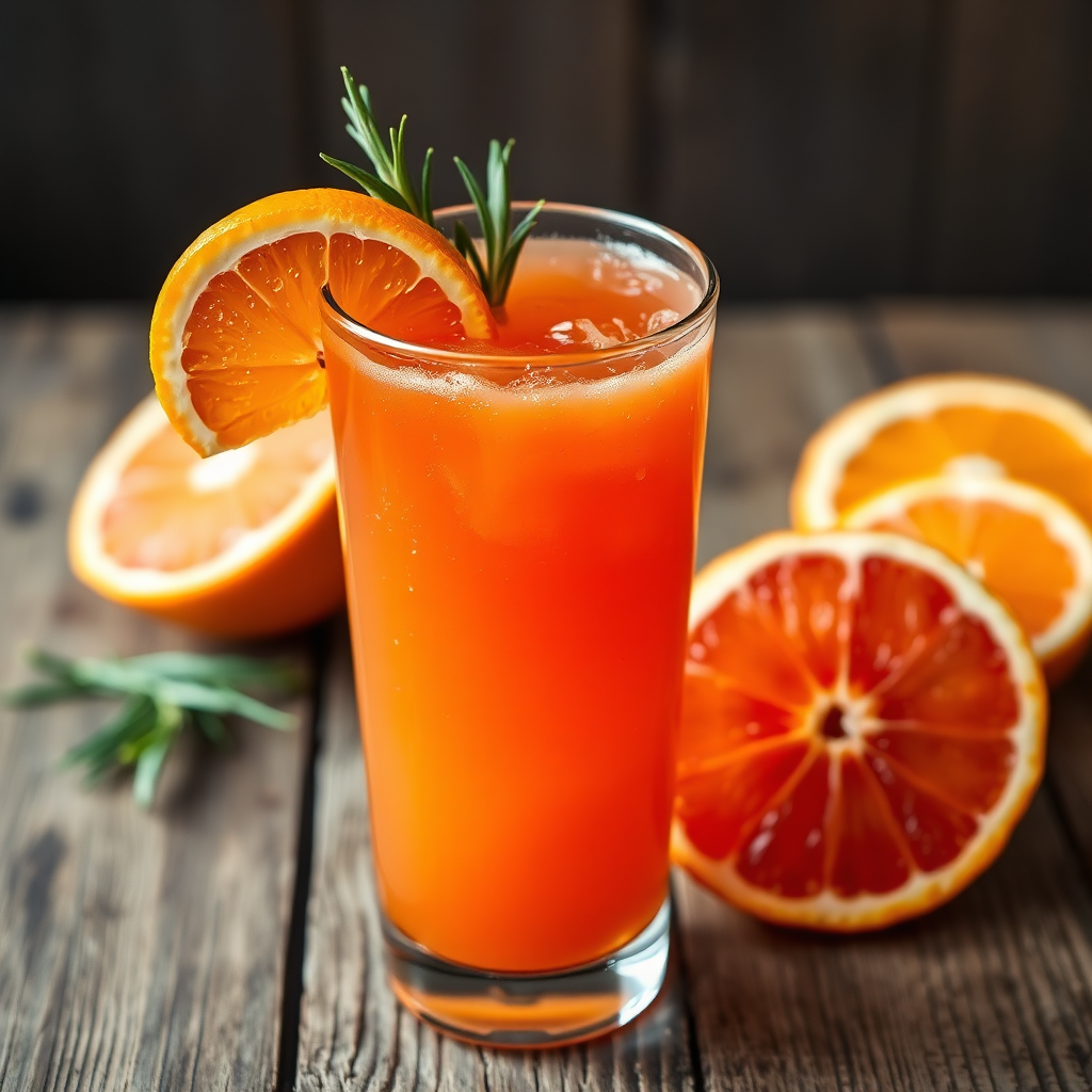 Bright orange Malta juice in a tall glass with orange slice and rosemary garnish