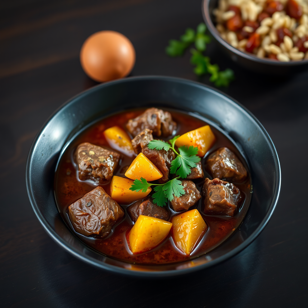 Beef curry with citrus fruit pieces