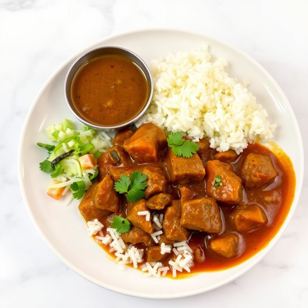 Beef Curry with White Rice, Dal, and Salad