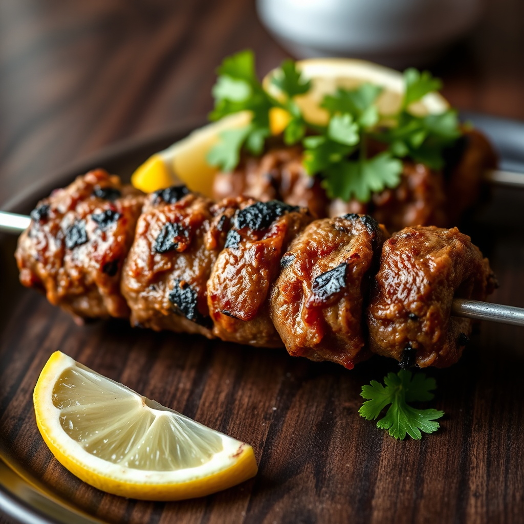 Grilled beef seekh kebab on skewer