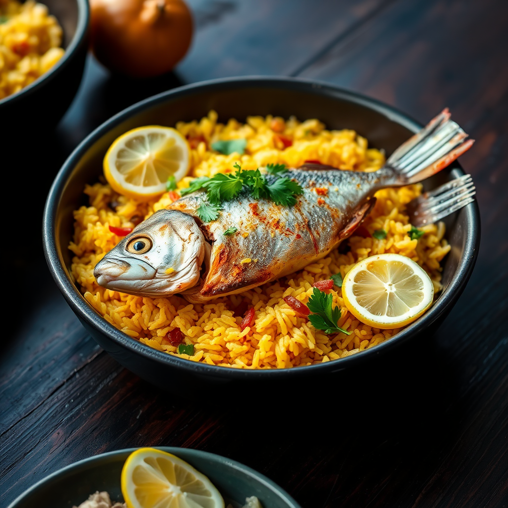 Fish biryani with rice and fish fillet