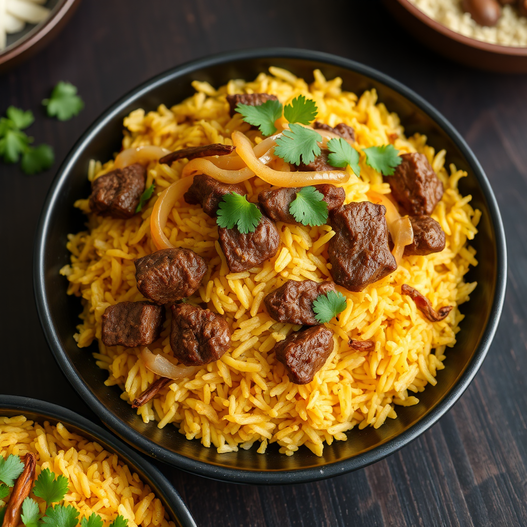 Layered beef biryani with saffron rice