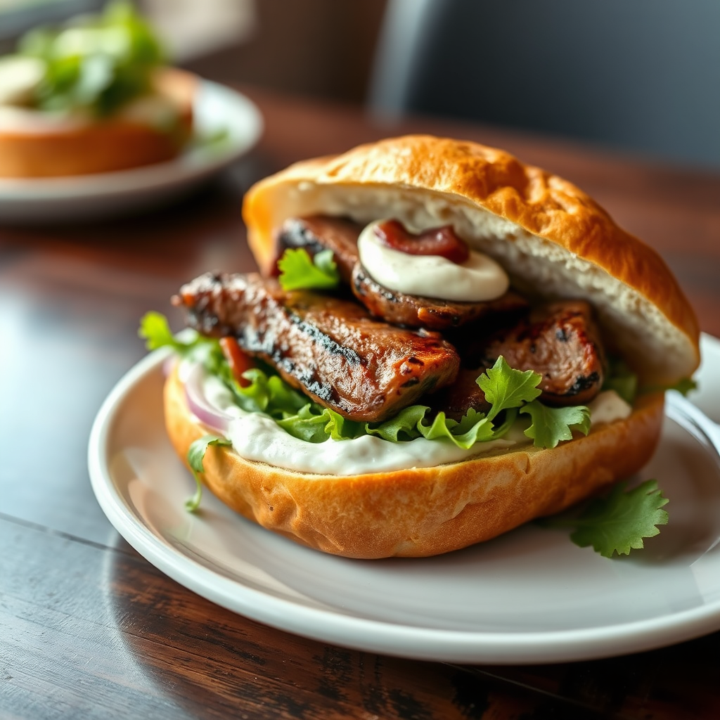 Grilled beef kebab in a bun with salad