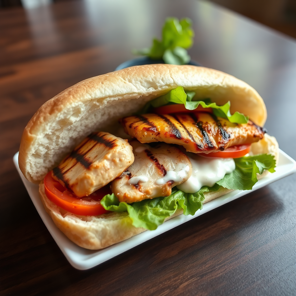 Grilled chicken kebab in a bun with lettuce