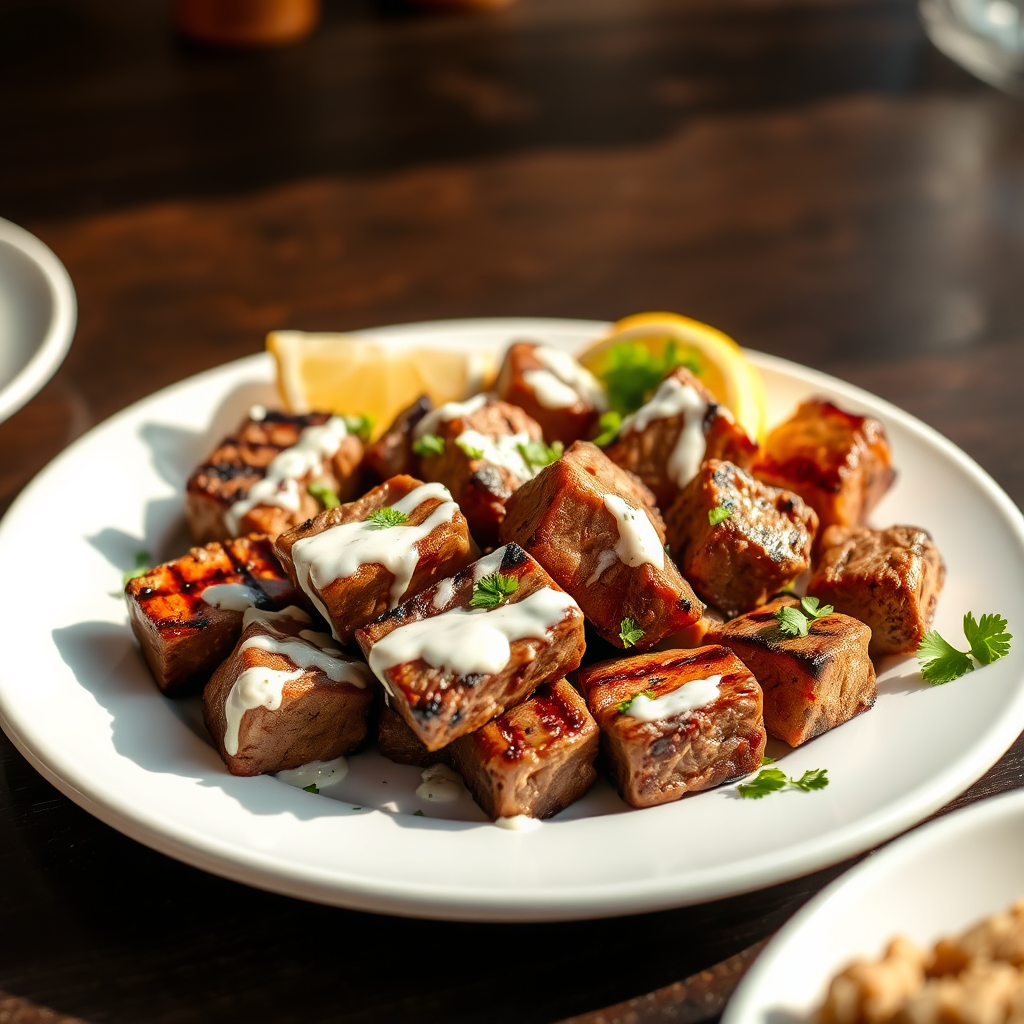 Grilled marinated beef kebab pieces