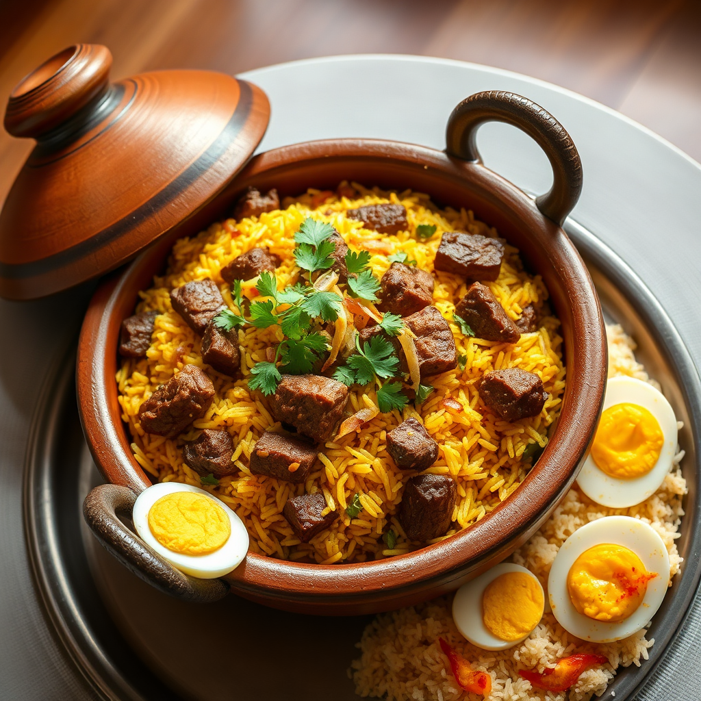 Special Beef Biryani with Tehari and Egg
