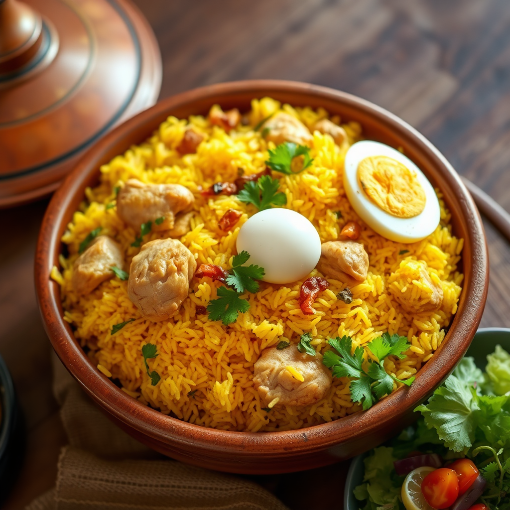 Chicken Biryani with Egg and Salad