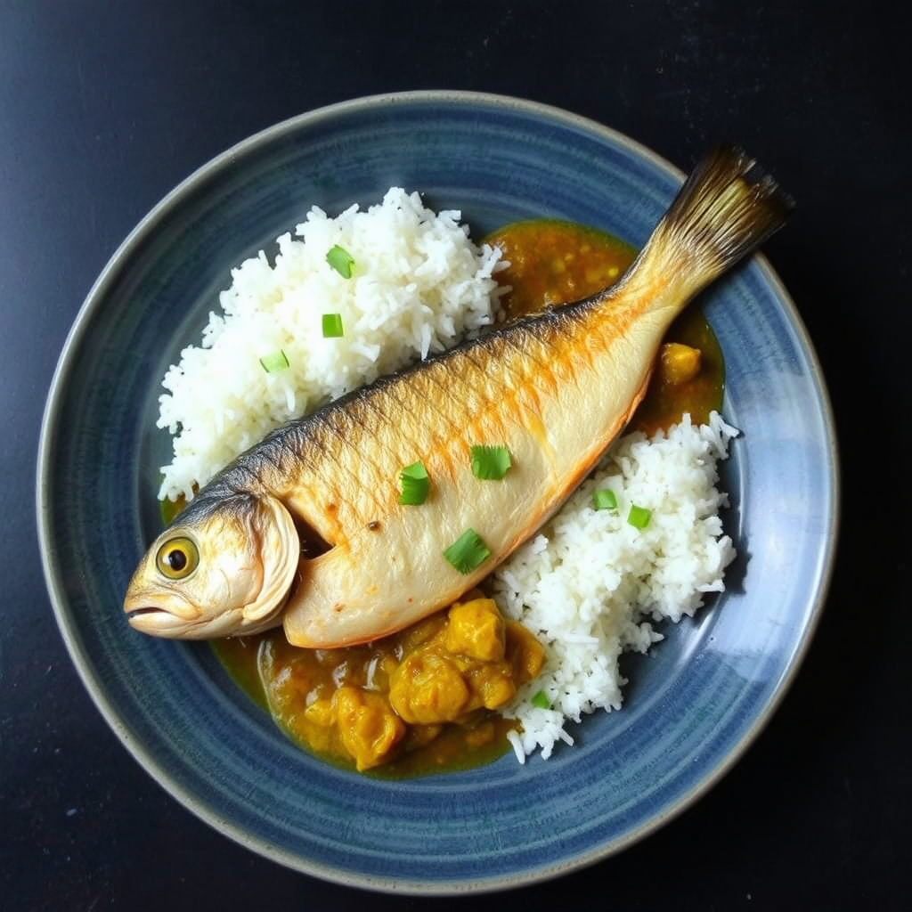 Rui Fish with White Rice and Dal