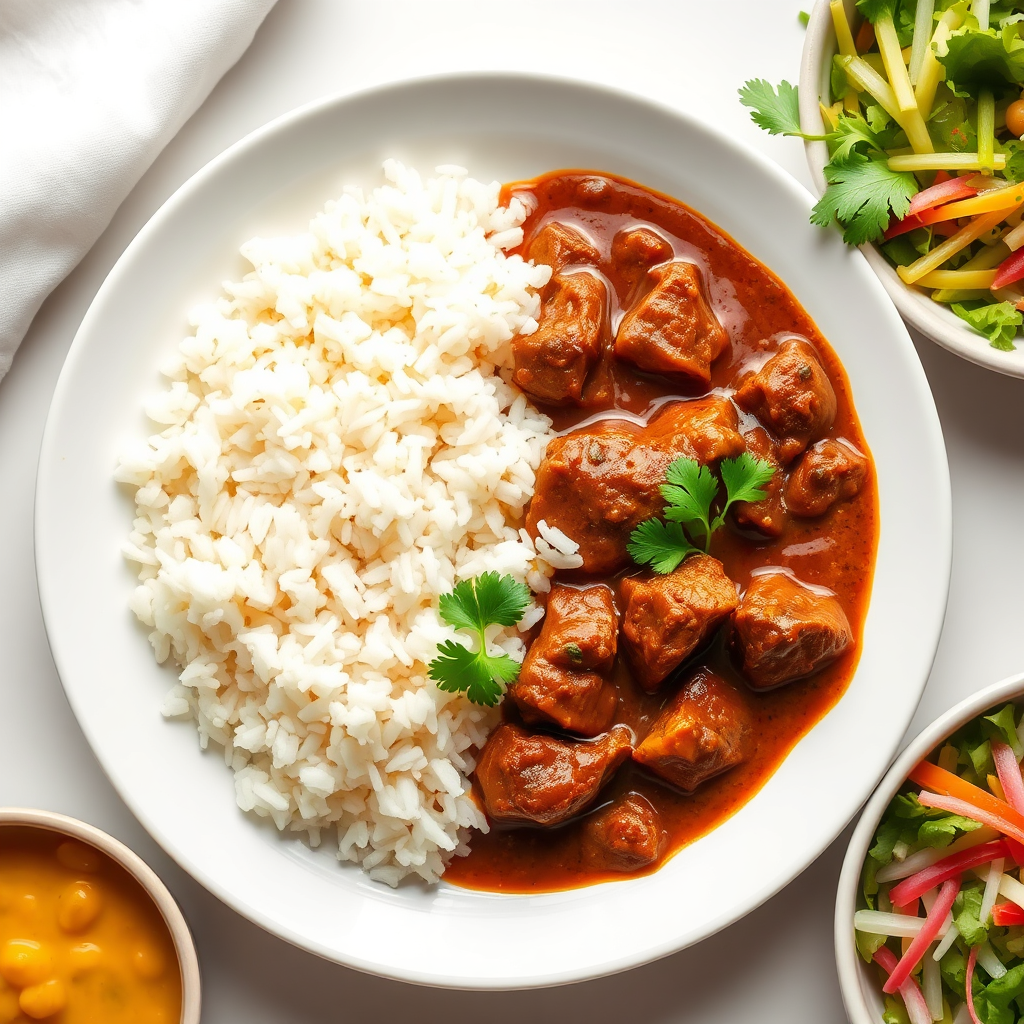 Beef Curry White Rice with Dal and Salad