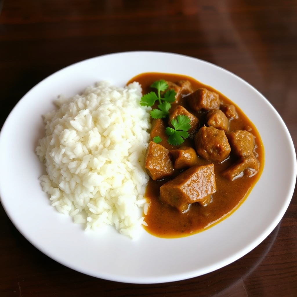White rice with brown beef curry