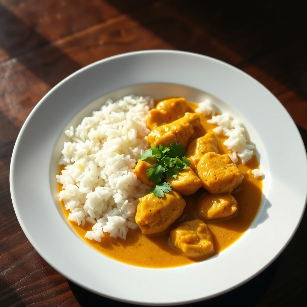 White rice with golden chicken curry