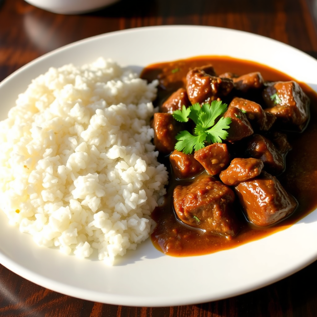 White rice with dark roasted beef
