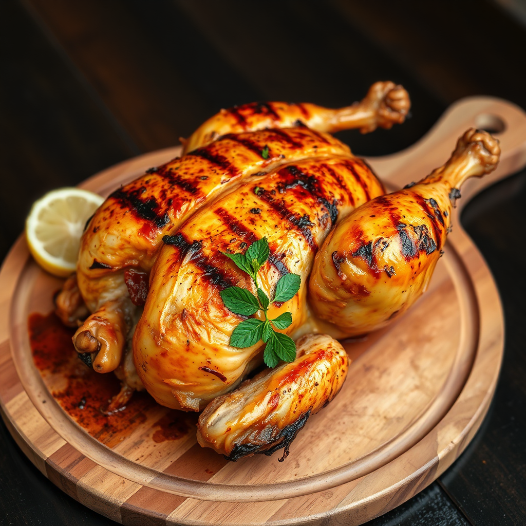 Grilled half chicken on wooden board