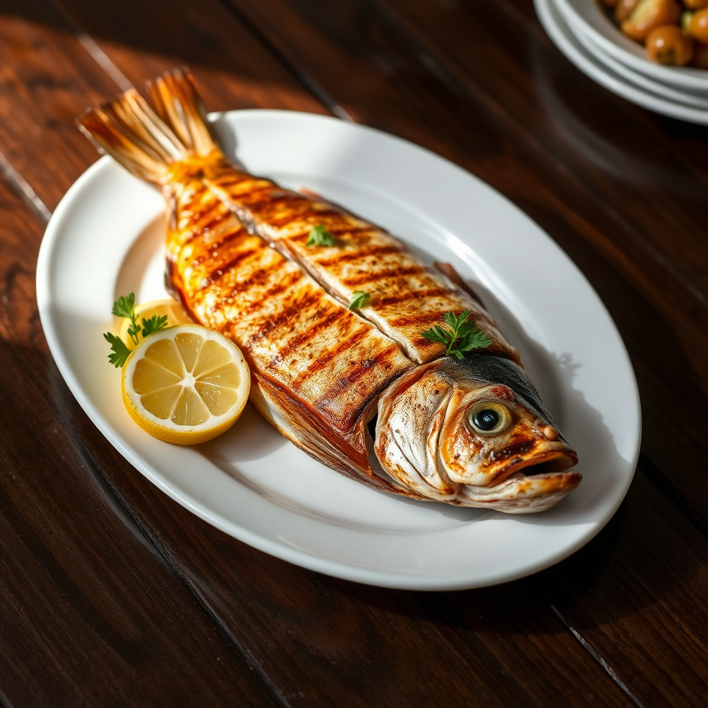 Grilled whole Sherry fish with lemon