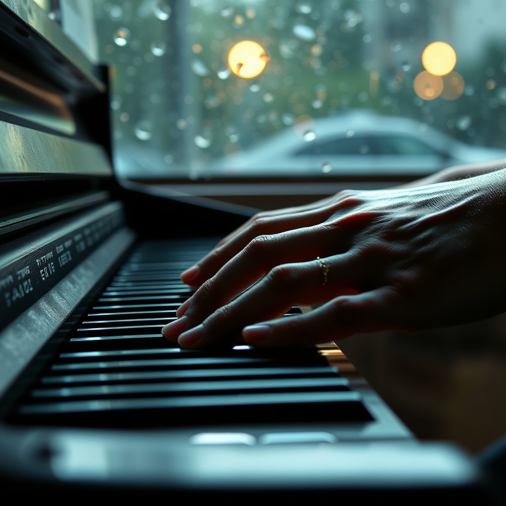 Piano close-up with rain