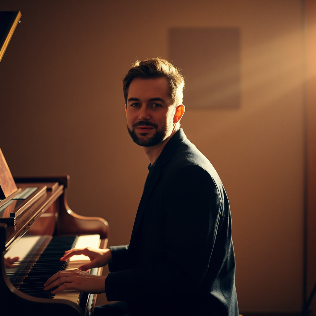 Pianiste en studio ambiance chaleureuse