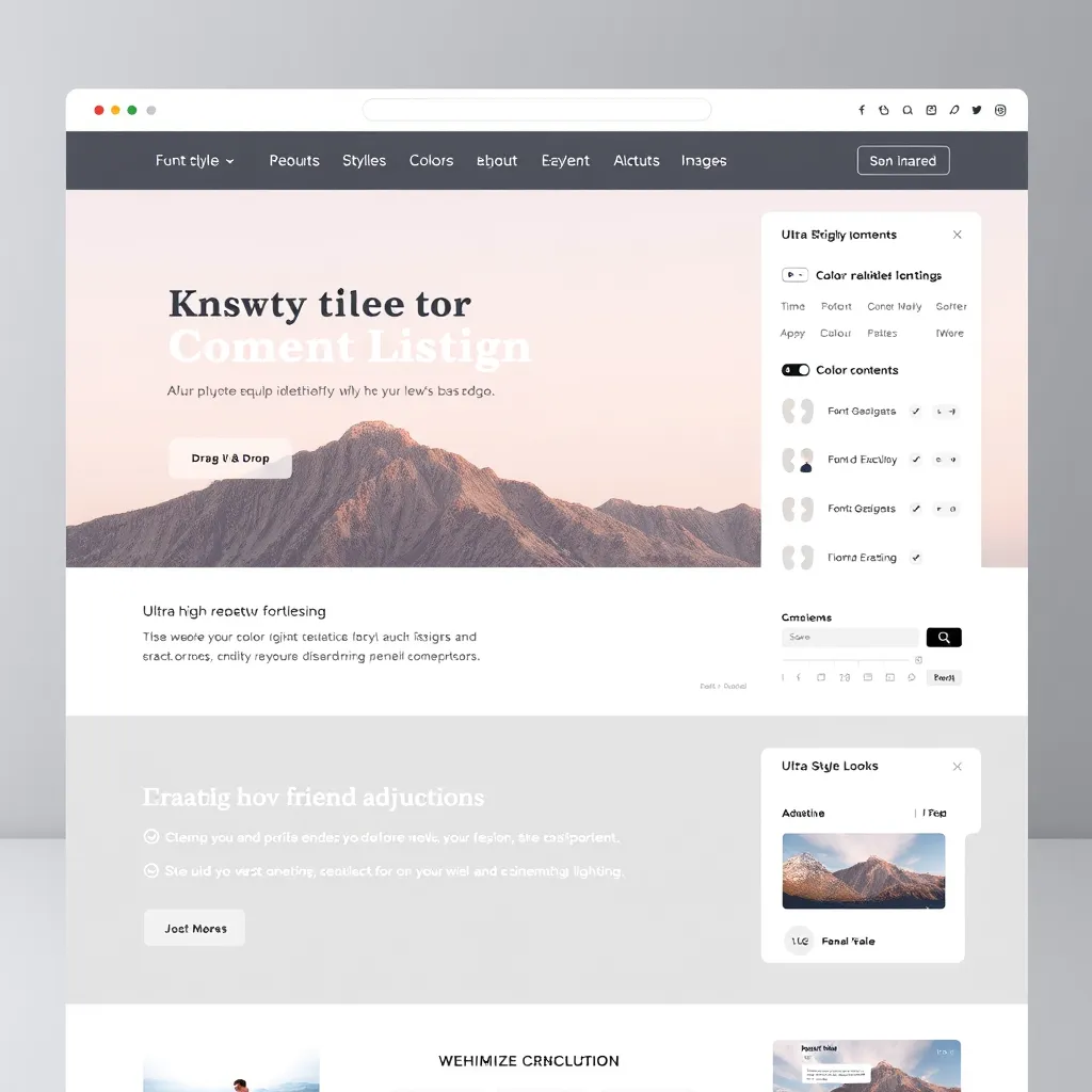 A clean, modern website design with a sleek interface, showcasing customizable elements like font styles, color palettes, and layout adjustments. The user is interacting with a drag-and-drop interface, effortlessly adjusting content and images.