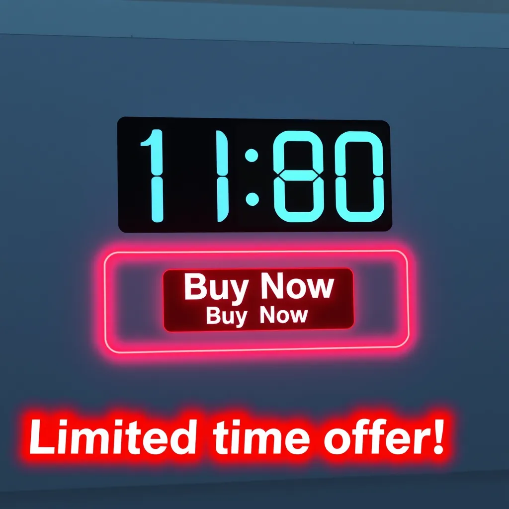 A digital clock counting down the seconds on a website, with a 'Buy Now' button prominently displayed below, surrounded by a red border and flashing text that reads 'Limited time offer!'