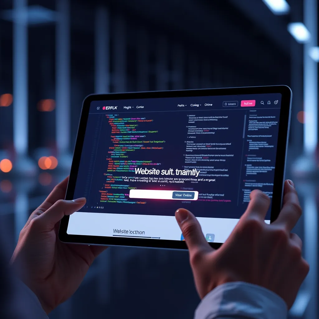 A futuristic, clean interface with a user holding a tablet. On the tablet screen, a website is being built automatically with code appearing and disappearing in the background. The user clicks a button, and the website instantly appears online, showcasing the seamless integration of AI in the web development process.