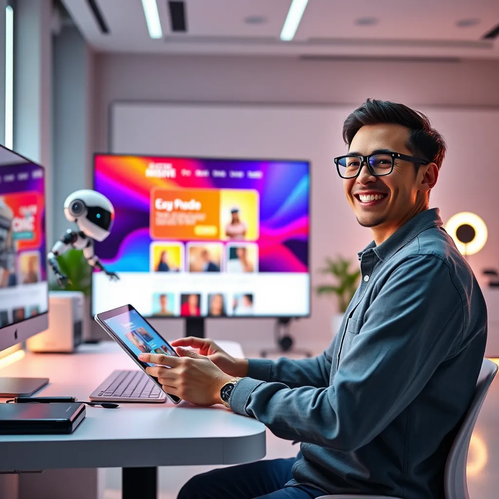 A futuristic, modern workspace with a designer using a tablet to customize a website template on a large screen. The screen displays a vibrant website design with colorful blocks and engaging visuals. The designer is smiling and excited, with a futuristic AI assistant hovering beside them.