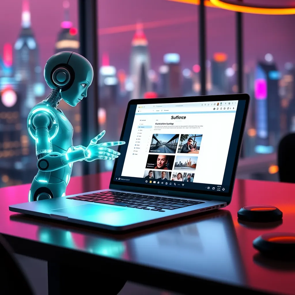 A futuristic workspace with a sleek laptop displaying a website draft. A glowing AI assistant hovers beside the laptop, manipulating the layout and adding images with its glowing hands. The background is a blurred cityscape with vibrant colors.