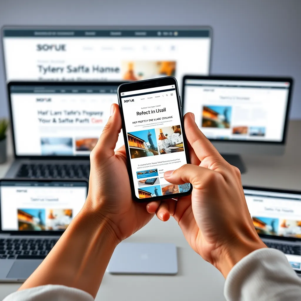 A hand holding a smartphone displaying a website with a clean, modern layout. The website is perfectly responsive, seamlessly adjusting its elements to fit the smaller screen. The background shows various devices (laptop, tablet, and desktop) all displaying the same website with different layouts, highlighting the website's adaptability.