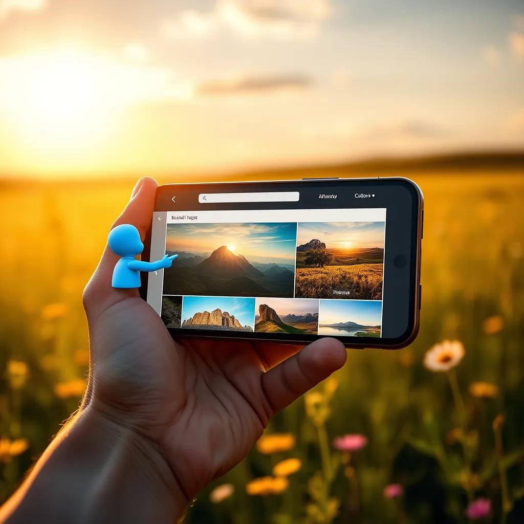 A hand holding a smartphone displaying a website with beautiful images. The images are glowing, with a small AI assistant floating next to each, adjusting the colors, sharpness, and composition. The background is a sunny meadow with wildflowers.