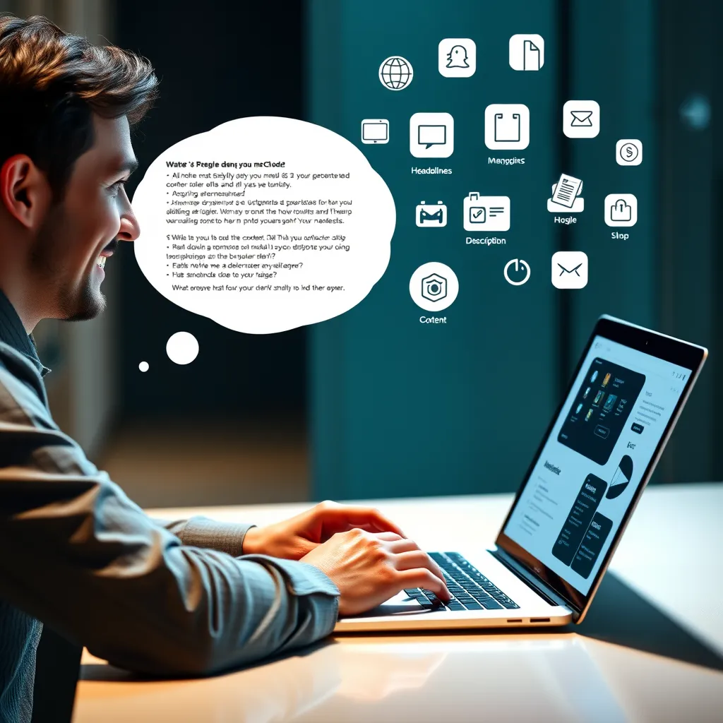 A person typing on a laptop with a sleek, modern website displayed on the screen. Above the laptop, a thought bubble appears, filled with text snippets and icons representing various types of content, such as headlines, descriptions, and images. The person looks pleased and surprised at the generated content.