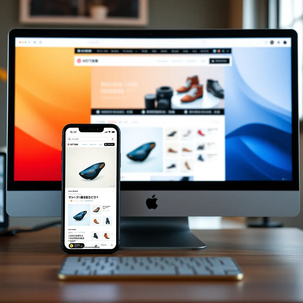 A split-screen image showcasing the same website viewed on a smartphone and a desktop computer. Both displays show a high-quality photo of a product, perfectly resized and optimized for each screen size, with no pixelation or distortion.