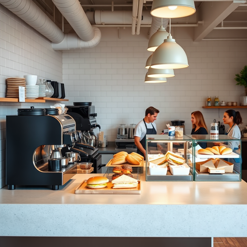 Cafe counter with coffee machines and food display