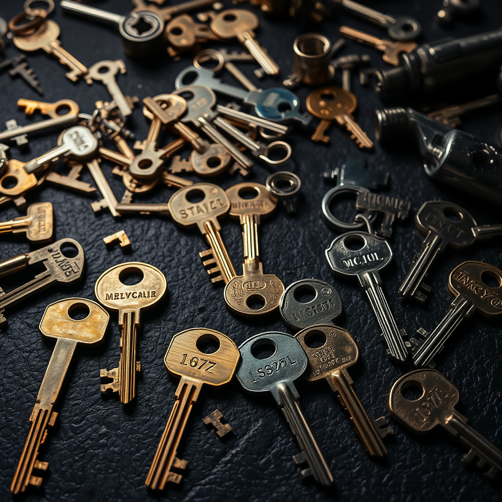 Assortment of keys and locksmith tools