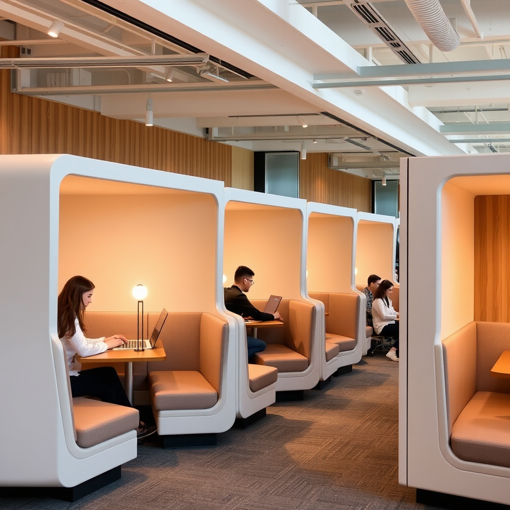 Private work booths with desks and seating
