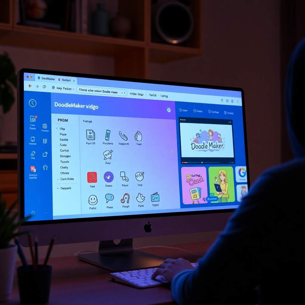 A clean and modern user interface of DoodleMaker PKGO on a computer screen, showcasing easy-to-use tools and options for creating doodle videos, with vibrant colors and a friendly, inviting workspace. Include a user interacting with the software.