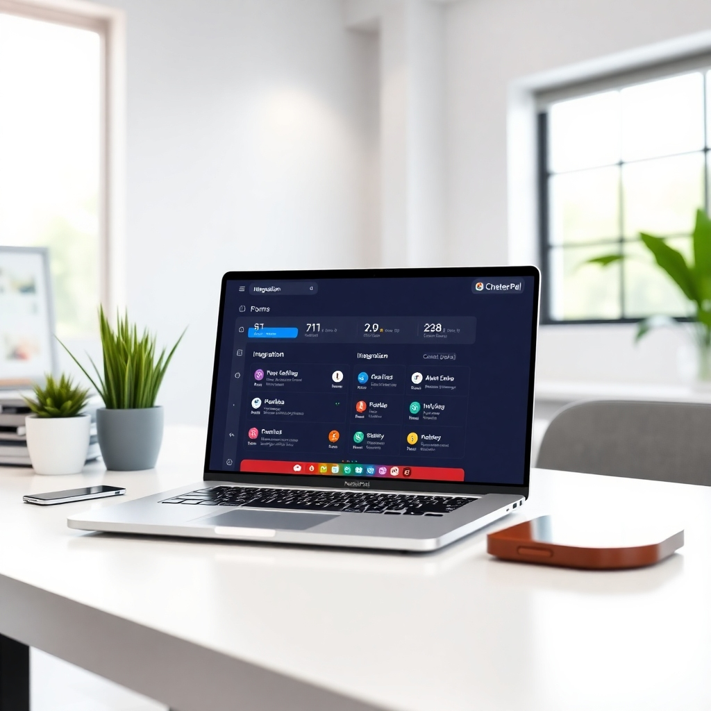 A clean and modern workspace featuring a laptop with a user-friendly interface displaying ChatterPal integration options. Include visual tools like drag-and-drop elements, colorful integration icons, and cheerful users to showcase the ease of use and accessibility.