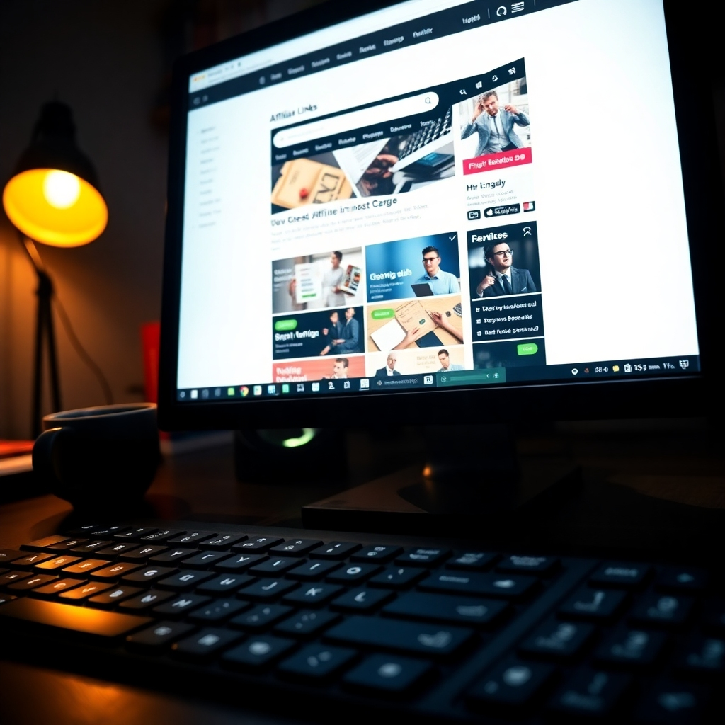 A close-up of a computer screen displaying an engaging web layout with integrated affiliate links prominently featured. The scene is lit with dramatic side lighting, highlighting the screen's glow and creating a sense of intrigue. The color palette is dynamic, using bold whites, blacks, and vibrant colors for the links to draw attention. The camera captures this at eye level, ensuring the viewer feels immersed in the digital content. Textures include the glossy screen surface and the soft keyboard material. The background is slightly blurred to focus on the screen, with ambient workspace items like a coffee cup and books subtly placed. The style references a contemporary tech aesthetic, aiming for a polished and professional look. Image in 8K resolution, ultra-detailed, hyperrealistic.