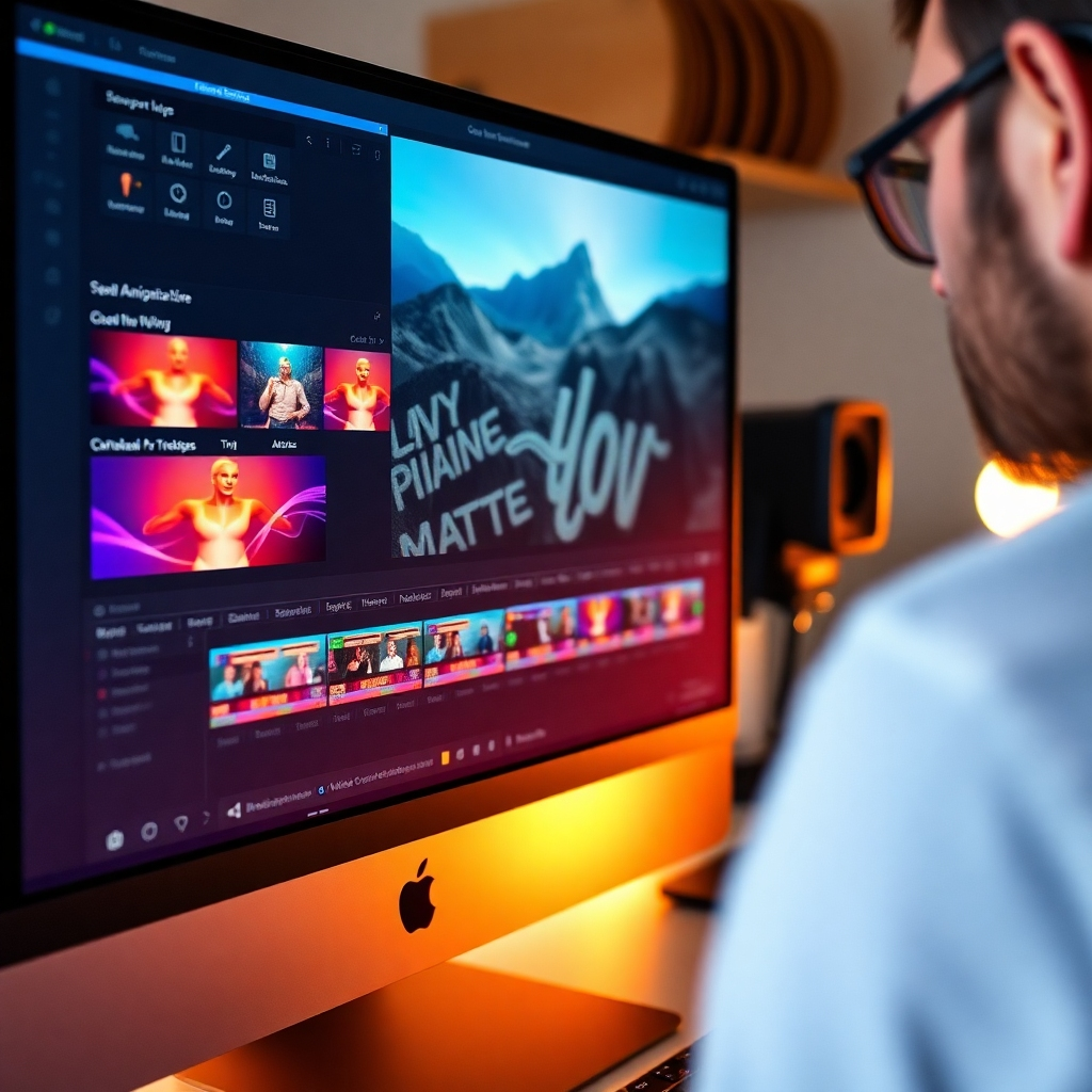 A close-up of a computer screen showcasing the video editing features of VideoRobot Live, highlighting vibrant animations and text overlays being applied to a video timeline, with a designer in the background focused on the editing process.