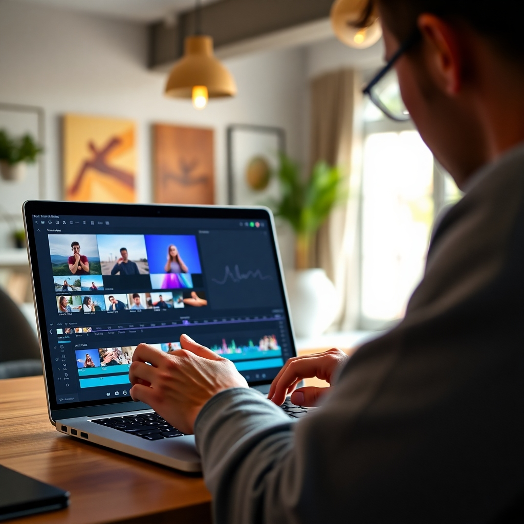 A close-up of a user interacting with a sleek video creation software on a laptop. The screen shows a timeline with colorful video clips and overlays, while behind, a setting with bright natural lighting and stylish décor encourages a productive creative environment.