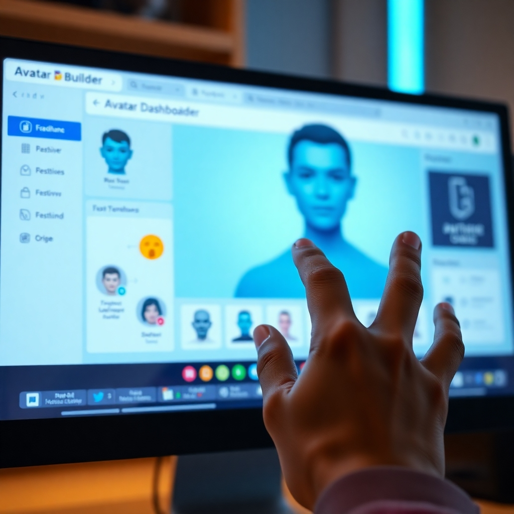 A close-up view of a user-friendly computer screen displaying the Avatar Builder dashboard, featuring easy-to-navigate menus and clear icons. Include a hand interacting with the interface, demonstrating the simplicity and accessibility for users of all ages.