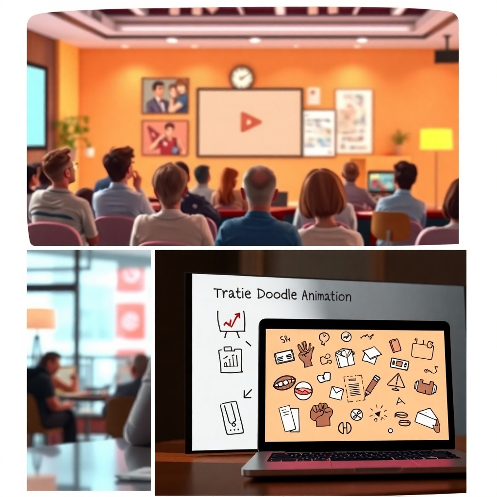 A collage of various doodle animation applications: a marketing video scene with viewers engaged, an educational presentation with animated doodles explaining concepts, and an explainer video being shown on a laptop. The collage should showcase variety and adaptability in a bright, eye-catching manner.