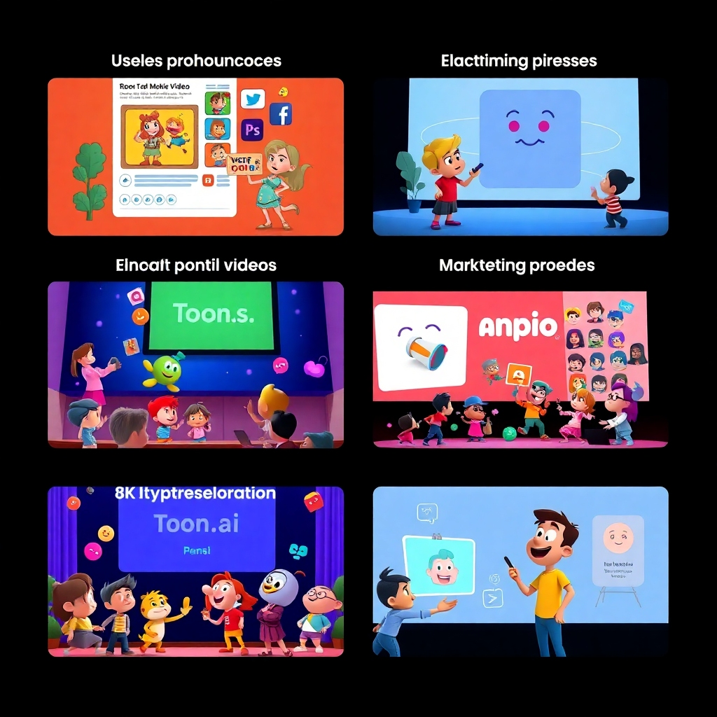 A collage showing different use cases of Toons.ai, such as animated social media posts, educational videos, and marketing presentations. Each section of the collage highlights vibrant cartoon characters and animations that exemplify creativity and engagement in various contexts.