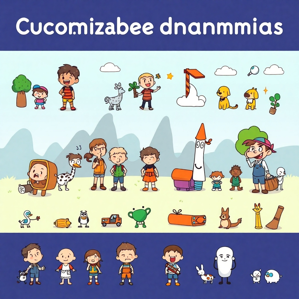 A collection of customizable doodles and animations displayed in an artistic layout, showing diverse characters, backgrounds, and objects. Include examples of completed doodles in various styles, emphasizing creativity and personalization.
