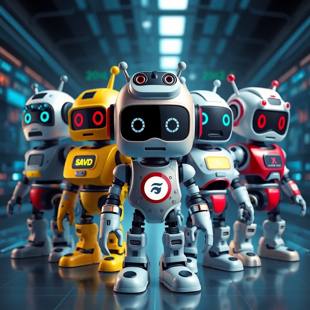 A collection of diverse chatbot designs showcasing unique styles and features. Each bot is represented in a 3D perspective, with colorful customizations, logos, and expressions reflecting different brands and personalities, set against a high-tech digital backdrop.