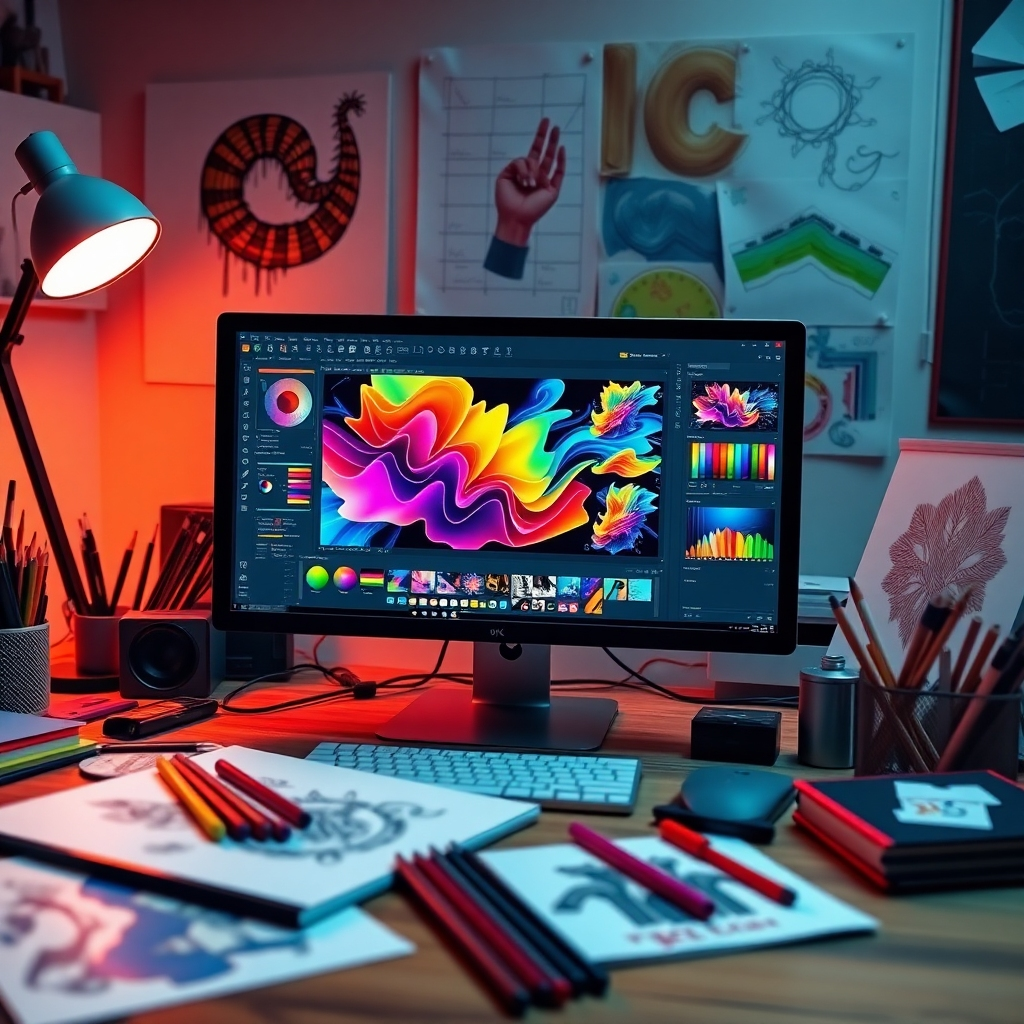 A colorful graphic design workspace featuring a computer with design software open, displaying vibrant, eye-catching graphics. Include art supplies like sketchpads and pens scattered around, emphasizing creativity and artistic inspiration.