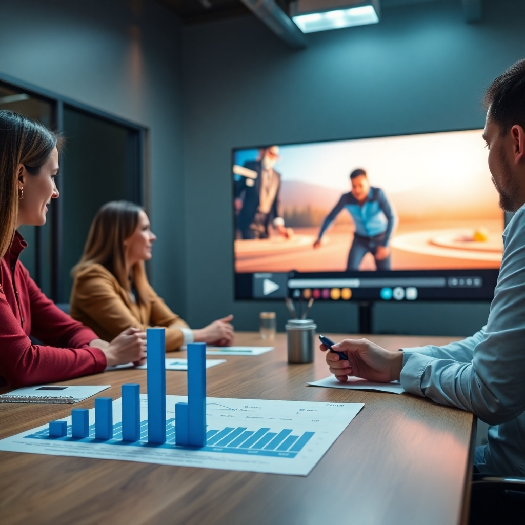 A digital marketing meeting scene with professionals discussing video strategies. On the table, there are charts showing increasing video engagement metrics, and a large screen displays a dynamic video playing, symbolizing growth in online presence and audience reach.