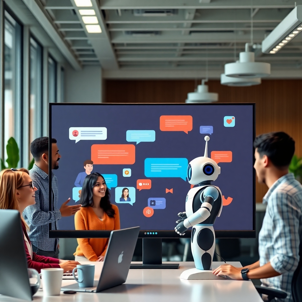 A high-quality photorealistic image of a modern office space with a large computer screen displaying an animated AI chatbot interacting with a diverse group of happy customers. Include elements like chat bubbles, colorful graphics, and a friendly robot character to emphasize communication.