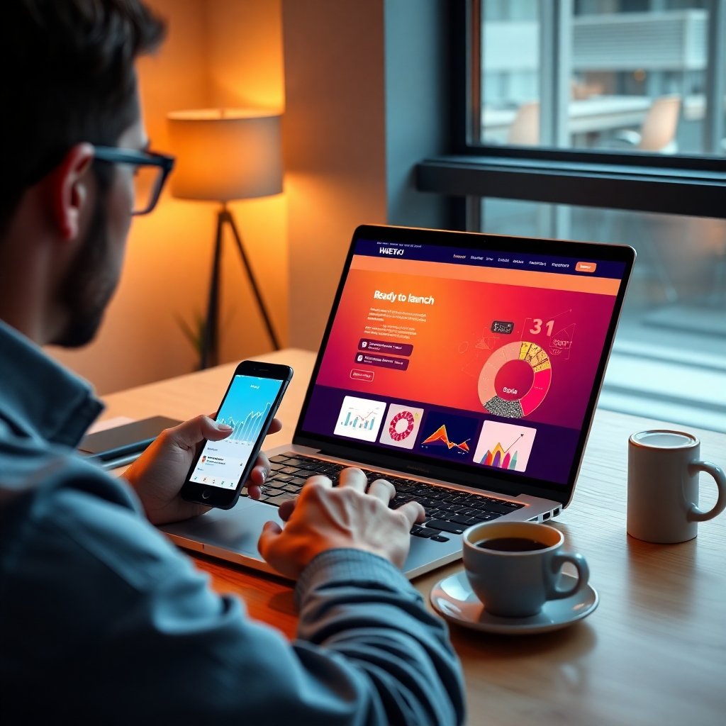A modern, sleek workspace with a person using a laptop showcasing a vibrant, ready-to-launch website. Include graphs and design elements on the screen, a smartphone beside the laptop displaying the website, and a coffee cup to create a productive environment.
