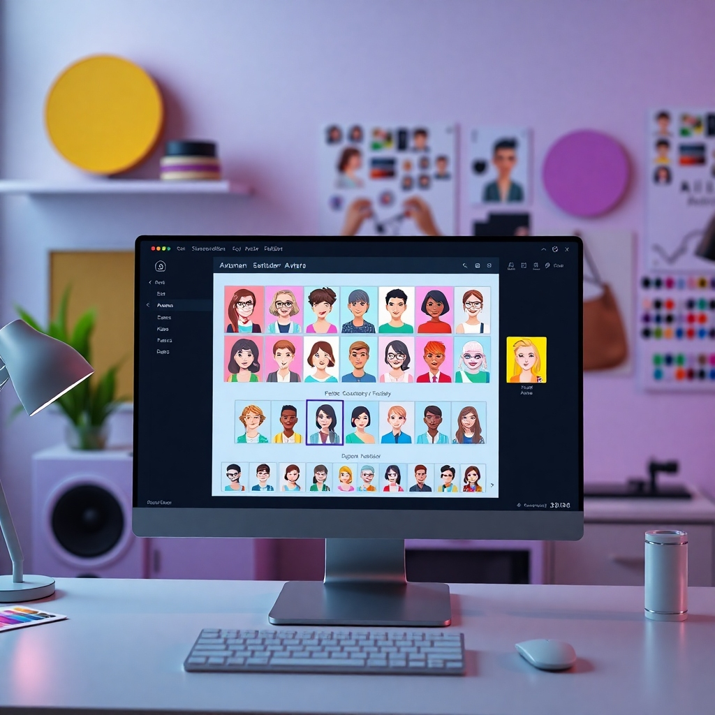 A modern digital workspace showing a computer screen with the Avatar Builder interface. Display vibrant templates of diverse customizable avatars, with a user selecting options. Include creative elements like color palettes and design tools in the background, conveying personalization.