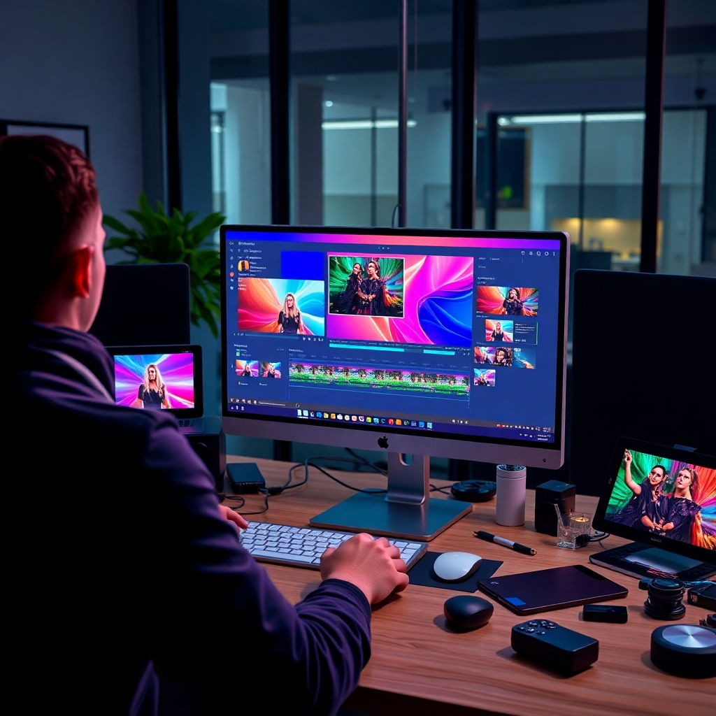 A modern workspace featuring a computer screen displaying vibrant video editing software. The scene includes a person focused on creating a promotional video. Various video editing tools and snippets surround the workspace, conveying creativity and efficiency in video production.