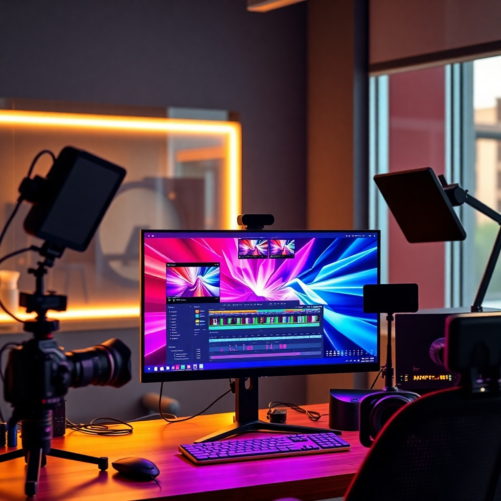 A modern workspace featuring a computer screen displaying a dynamic video editing software interface. Include elements like a camera, lighting equipment, and vibrant visuals on the monitor, creating a high-tech and creative atmosphere.