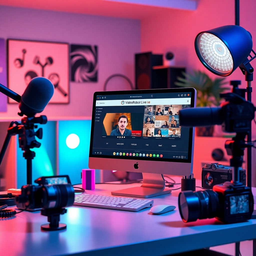 A modern workspace with a computer displaying the VideoRobot Live interface, surrounded by creative video-making tools like cameras and microphones, featuring colorful visual elements representing AI technology in action, with a bright, engaging atmosphere.